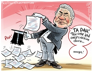 Winston Peters pulls a coalition document from his magician's hat while other ones fall to the floor