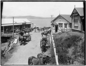Mangonui with horse drawn carts, post office and court house