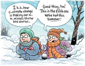 Two walkers talking about climate change making winters shorter as they walk through summer snow