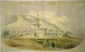 O'Brien, George, 1821-1888 :[Architect's view of Government House, once part of Parliament Buildings. Drawn by] G. O'Brien 1869 [for] W. H. Clayton, architect, Dunedin.