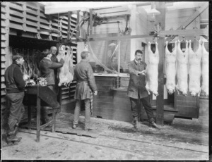 Weighing lamb and sheep carcasses at the Christchurch Meat Company