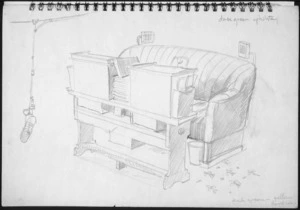 Gibbard, Leslie, 1945- :[Parliamentary double sofa with desk and microphone. 1965 or 1966?].