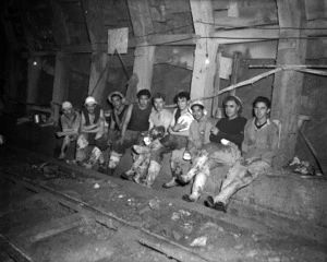 Tunnel workers taking a break during the construction of the Rimutaka railway tunnel