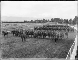 Canterbury Mounted Rifles in camp, lined up on racecourse