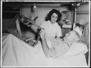 Patient weaving with thread during an occupational therapy session at Hutt Hospital, Lower Hutt