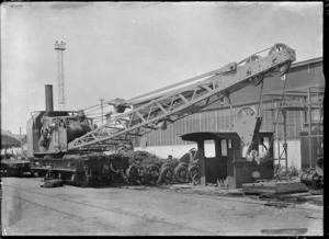 Overturned crane in process of being righted, at the Petone Railway Workshops, 1923