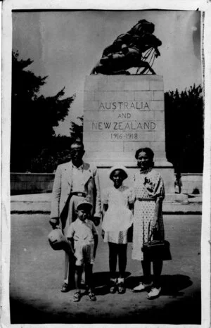 Barnett, Naomi, fl 2010 :Photograph of the Reizer family standing in front of ANZAC memorial, Port Said, Egypt