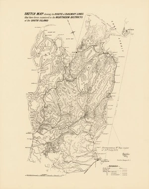 Sketch map shewing the route of railway lines that have been examined in the northern districts of the South Island