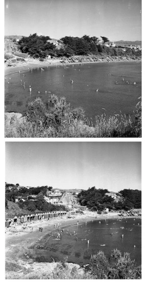 Views lookind down on Titahi Bay beach showing people swimming