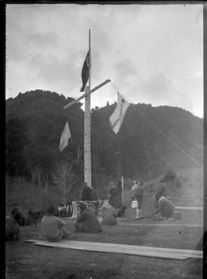 Dedication ceremony of three flags at Waireporepo Pa, Te Whaiti