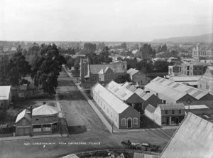 Burton Brothers, 1868-1898 (Firm, Dunedin) : Christchurch from Cathedral tower, looking along Worcester Street