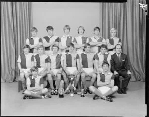 Tawa College, boys' 1st XI hockey team, with trophies, Wellington