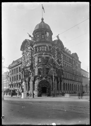 View of the Public Trust Office building in Wellington, decorated for the visit of the Prince of Wales in 1920.