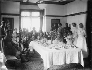 Members of the Maori Pioneer Battalion at afternoon tea