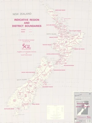 New Zealand indicative region and district boundaries / published for 5 GL International Limited by the Department of Survey and Land Information.