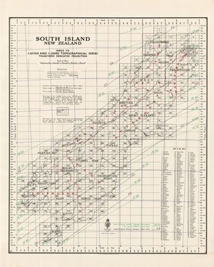 South Island, New Zealand. Index to 1:63360 and 1:25000 topographical series, Transverse Mercator projection. [Magnetic declination overlay].