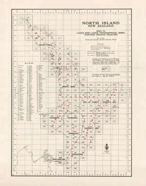North Island, New Zealand. Index to 1:63360 and 1:25000 topographical series, Transverse Mercator projection
