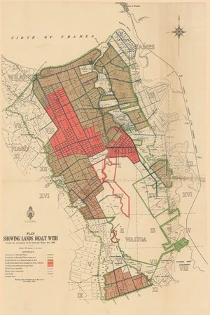 Plan showing lands dealt with under the provisions of the Hauraki Plains Act, 1908 / R.G. MacMorran, chief drainage engineer.