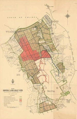Plan showing lands dealt with under the provisions of the Hauraki Plains Act, 1908 / R.G. MacMorran, chief drainage engineer.