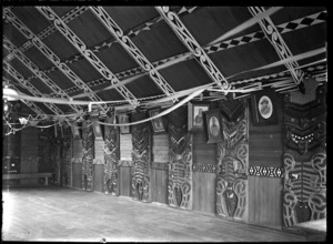 Interior of Hinenuitepo meeting house at Te Whaiti, 1930.