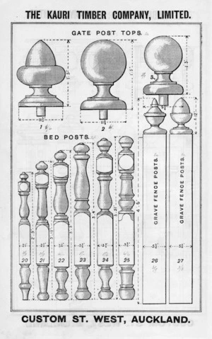 The Kauri Timber Company Ltd (Auckland Office) :Gate post tops, bed posts, grave fence posts. [Left side. Catalogue. ca 1906].