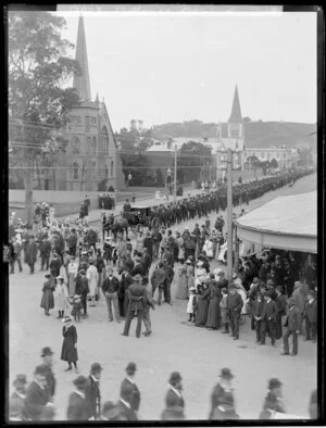 Prime minister, John Ballance funeral procession, leaving the Victoria Avenue church in Wanganui district.