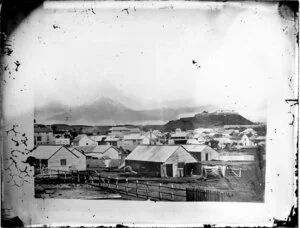 General view of the New Plymouth township with Marsland Hill Stockade, and Mount Egmont in the background