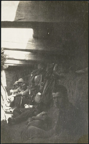 Soldiers of the Auckland Mounted Rifles in Turkish trench at Old No 3 Outpost, Gallipoli Peninsula, Turkey, during World War I
