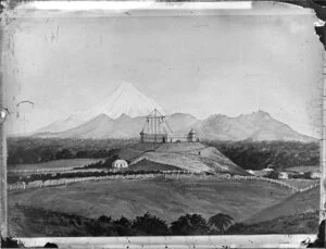 Watercolour, probably by Henry Freer Rawson, of the Omata Stockade, New Plymouth, with the Pouakai Range and Mount Egmont in the background