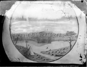 Watercolour showing stumps of felled forest, with the axeman's tent and a stockade, within a circular border, as if viewed through a telescope