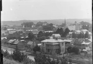 St Hill Street, Wanganui, showing the Methodist and Presbyterian churches in the background