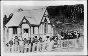 Congregation outside a church, possibly in Mataroa, Rangitikei