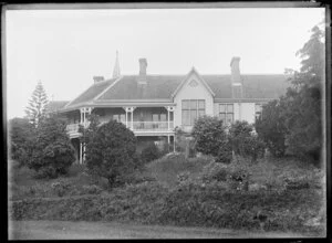 Bishop's Court, Parnell, Auckland, including the garden and an unidentified man on the verandah