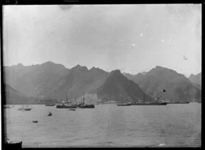 Coastal view of Santa Cruz de Tenerife, Canary Islands, including anchored ships and smaller craft at sea