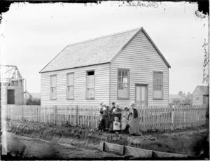Unidentified chapel with crowd of people outside, Feilding