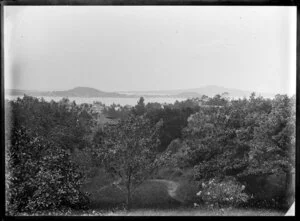 View from Bishop's Court, Parnell, Auckland, including garden, Waitemata Harbour and Devonport