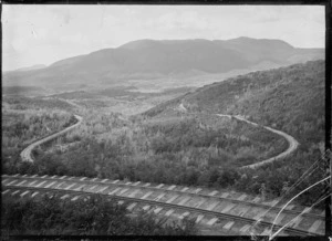 Railway line owned by the Taupo Totara Timber Company showing "the corkscrew", with five different levels visible at this point.