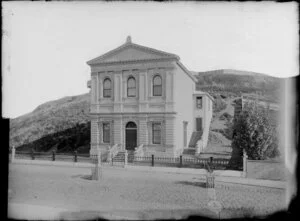 Freemason's Hall, Whanganui, with Rutland Stockade in background