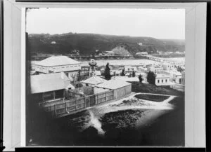 View from Rutland Stockade, Wanganui, of buildings, a lookout tower and the river with a bridge and small boats