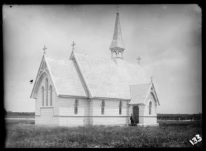 Unidentified man outside St Stephen's Anglican church, Tamahere, Hamilton