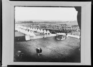 Whanganui racecourse with tents erected and soldiers parading before their departure for the South African War