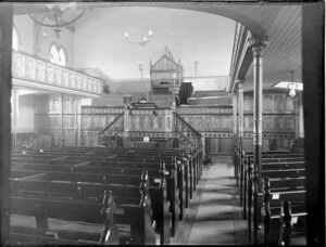 Interior of an unidentified church, possibly St John's Presbyterian Church, Willis St, Wellington