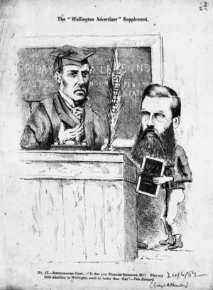 [Hutchison, William] 1820-1905 :Schoolmaster Grey - "Is that your financial statement, Sir? Why any little schoolboy in Wellington could do better than that" - Vide Hansard. The Wellington Advertiser Supplement, 24 June 1882.