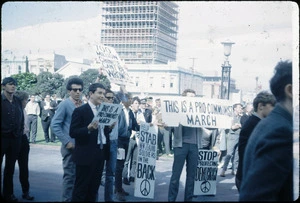 Anti Vietnam War demonstration protesting in front of Parliament, Wellington