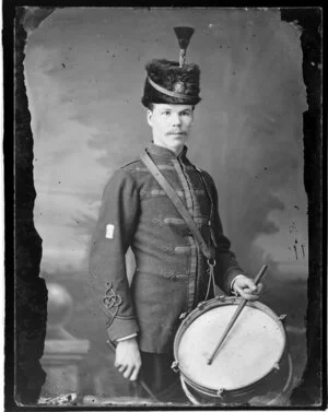 Unnamed bandsman, in uniform of Wanganui Rifle Volunteers, with side drum