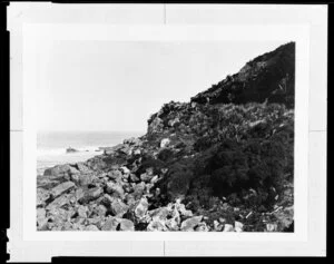 A man standing on a path halfway up a rocky slope by the sea, unidentified location