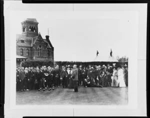 Large group of men and woman listening to an unidentified man speaking, bowling club, St Kilda, Melbourne