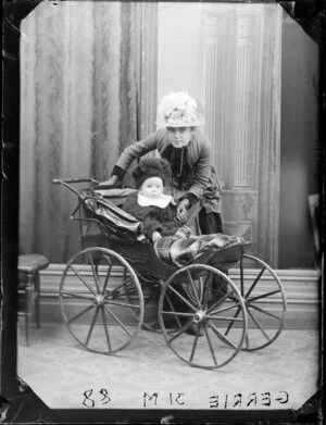 Mrs Gerrie with her baby and baby carriage