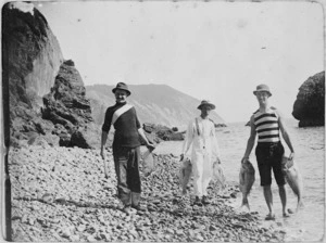 Creator unknown : Photograph of three men holding fish caught at Cable Bay, Nelson