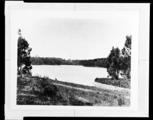 Unidentified dam surrounded by trees, [Australia?]